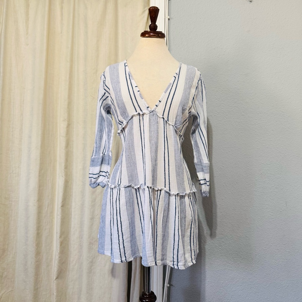 Blue Island Women Boho Swim Cover Up Blue/White/Stripe Long Bell Sleeve Sz‎ S